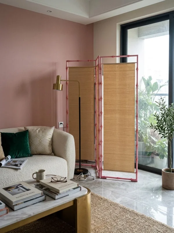 Pink Bamboo-Frame Two-Panel Folding Screen in rose stone — in a room setting