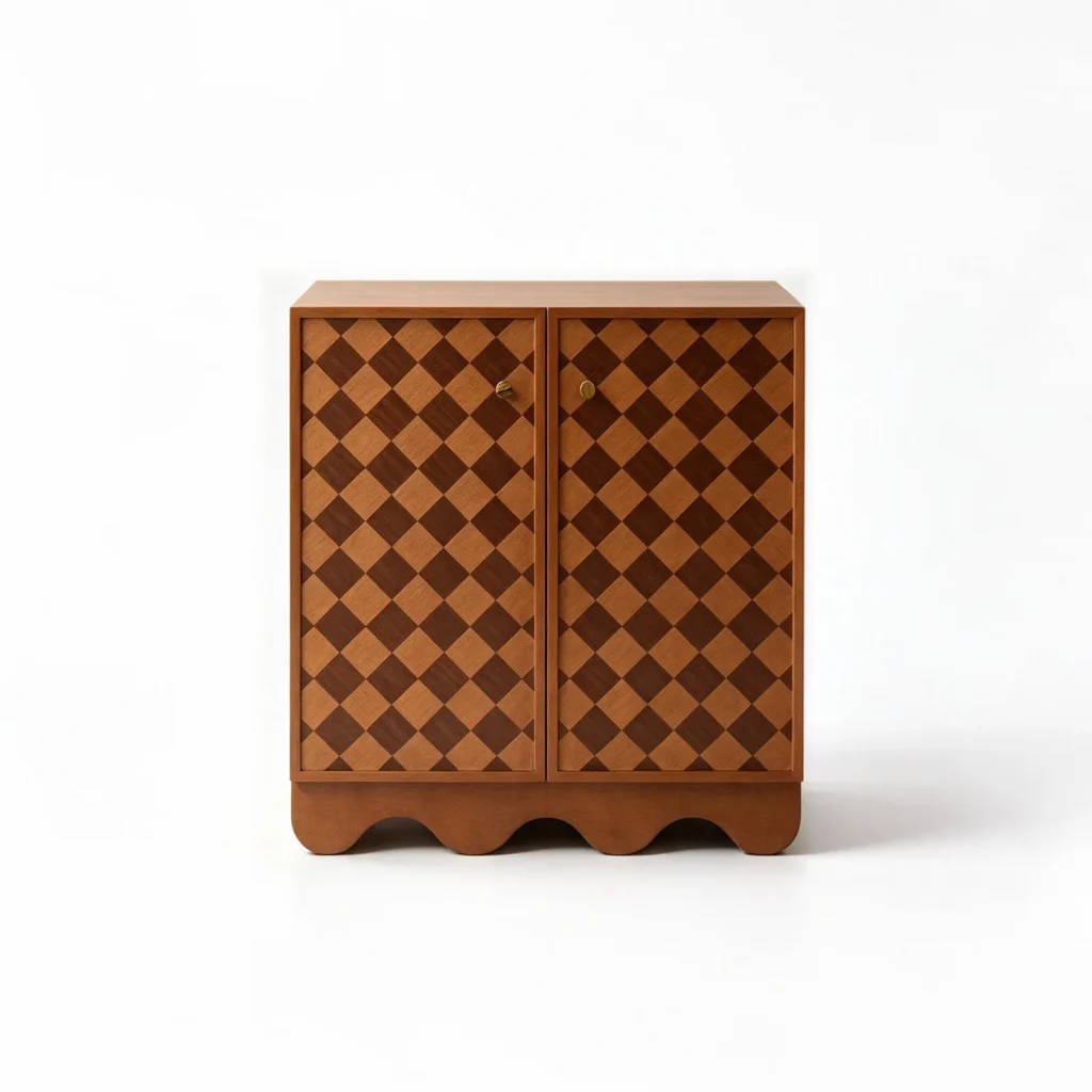 Harlequin Marquetry Cabinet with Scalloped Base, 70 cm in clay — front view
