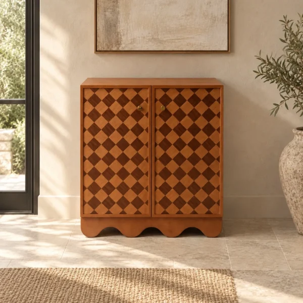 Harlequin Marquetry Cabinet with Scalloped Base, 70 cm in clay — in a room setting
