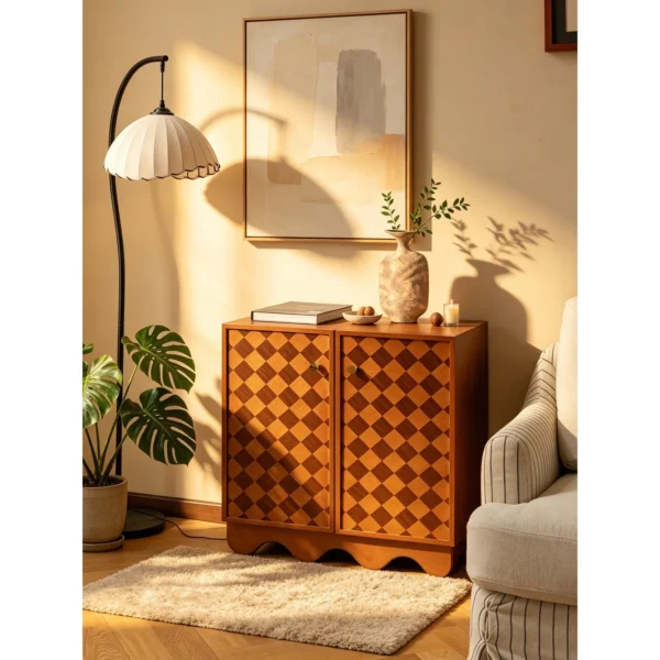 Harlequin Marquetry Cabinet with Scalloped Base, 70 cm in clay — in a room setting