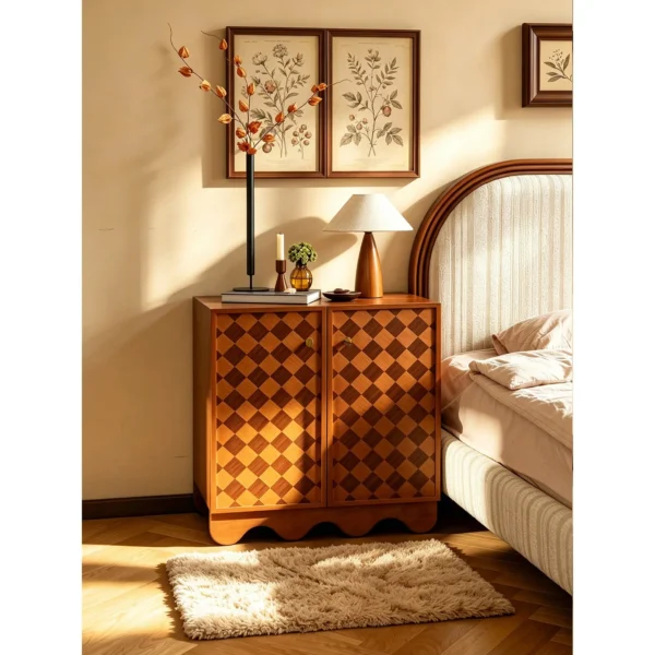 Harlequin Marquetry Cabinet with Scalloped Base, 70 cm in clay — in a room setting