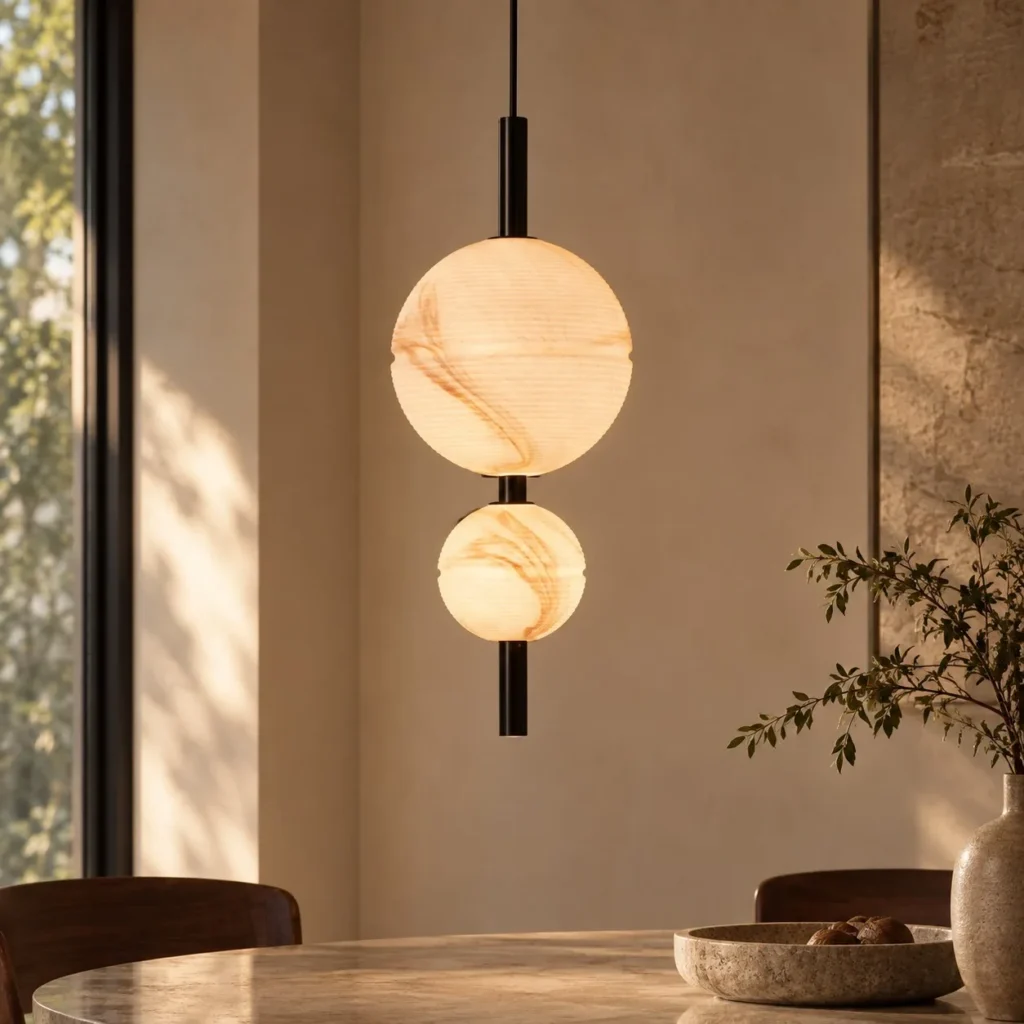 Vertical Stone-Pattern Double Globe Pendant Light, 20 cm in ivory — front view