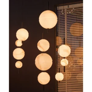 Vertical Stone-Pattern Double Globe Pendant Light, 20 cm in ivory — in a room setting