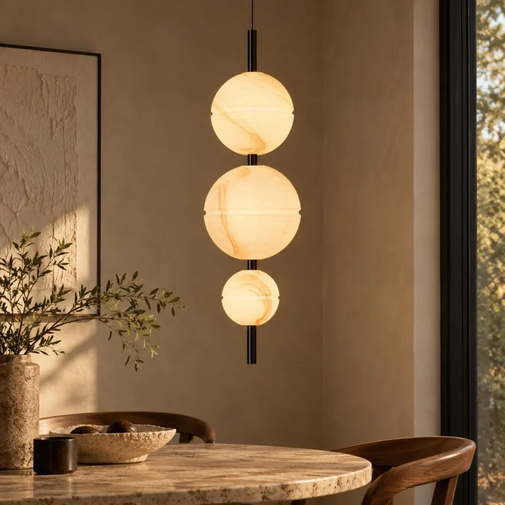 Vertical Stone-Pattern Triple Globe Pendant Light, 20 cm in ivory — front view