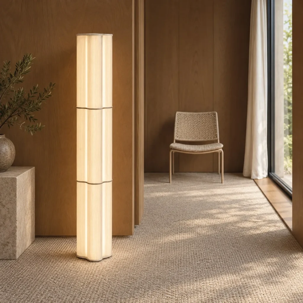 Vertical Stripe Fabric Column Floor Lamp in oatmeal — front view