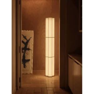Vertical Stripe Fabric Column Floor Lamp in oatmeal — in a room setting