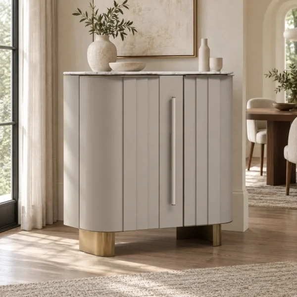 Curved Ribbed Bar Sideboard with Marble Top and Brass Feet in oatmeal — in a room setting