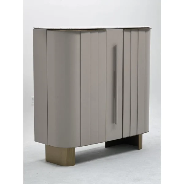 Curved Ribbed Bar Sideboard with Marble Top and Brass Feet in oatmeal — in a room setting