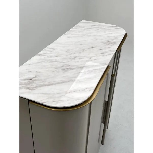 Curved Ribbed Bar Sideboard with Marble Top and Brass Feet in oatmeal — in a room setting