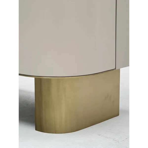 Curved Ribbed Bar Sideboard with Marble Top and Brass Feet in oatmeal — in a room setting