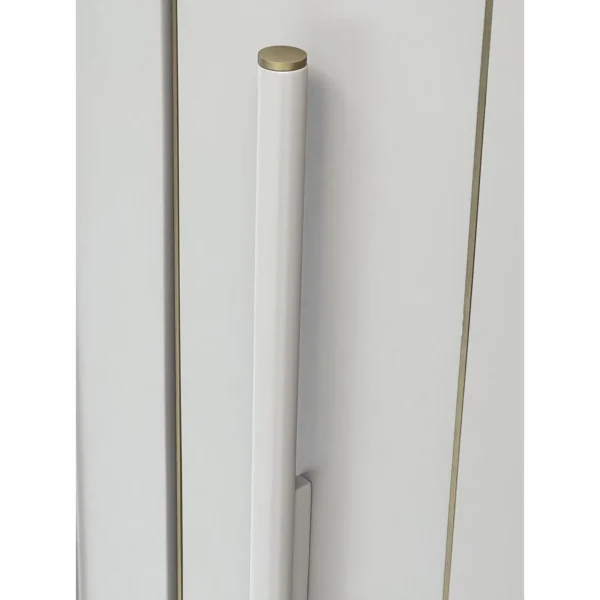 Curved Ribbed Bar Sideboard with Marble Top and Brass Feet in oatmeal — in a room setting