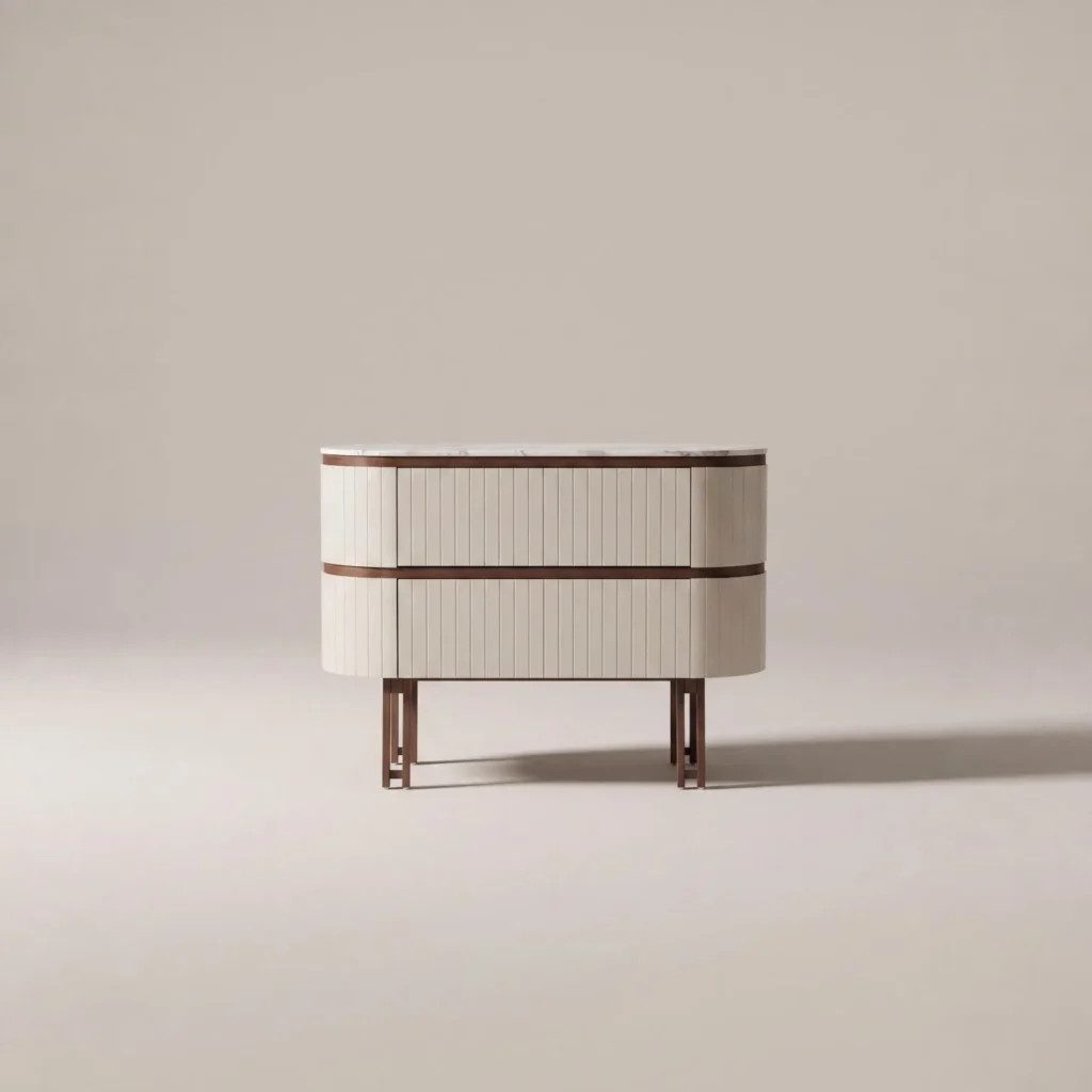 Oval Ribbed Leather Chest in sand — front view