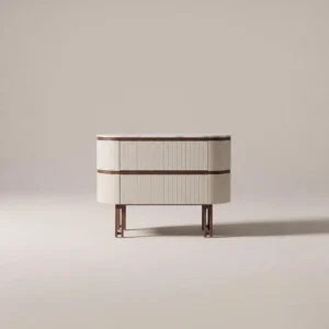Oval Ribbed Leather Chest in sand — front view