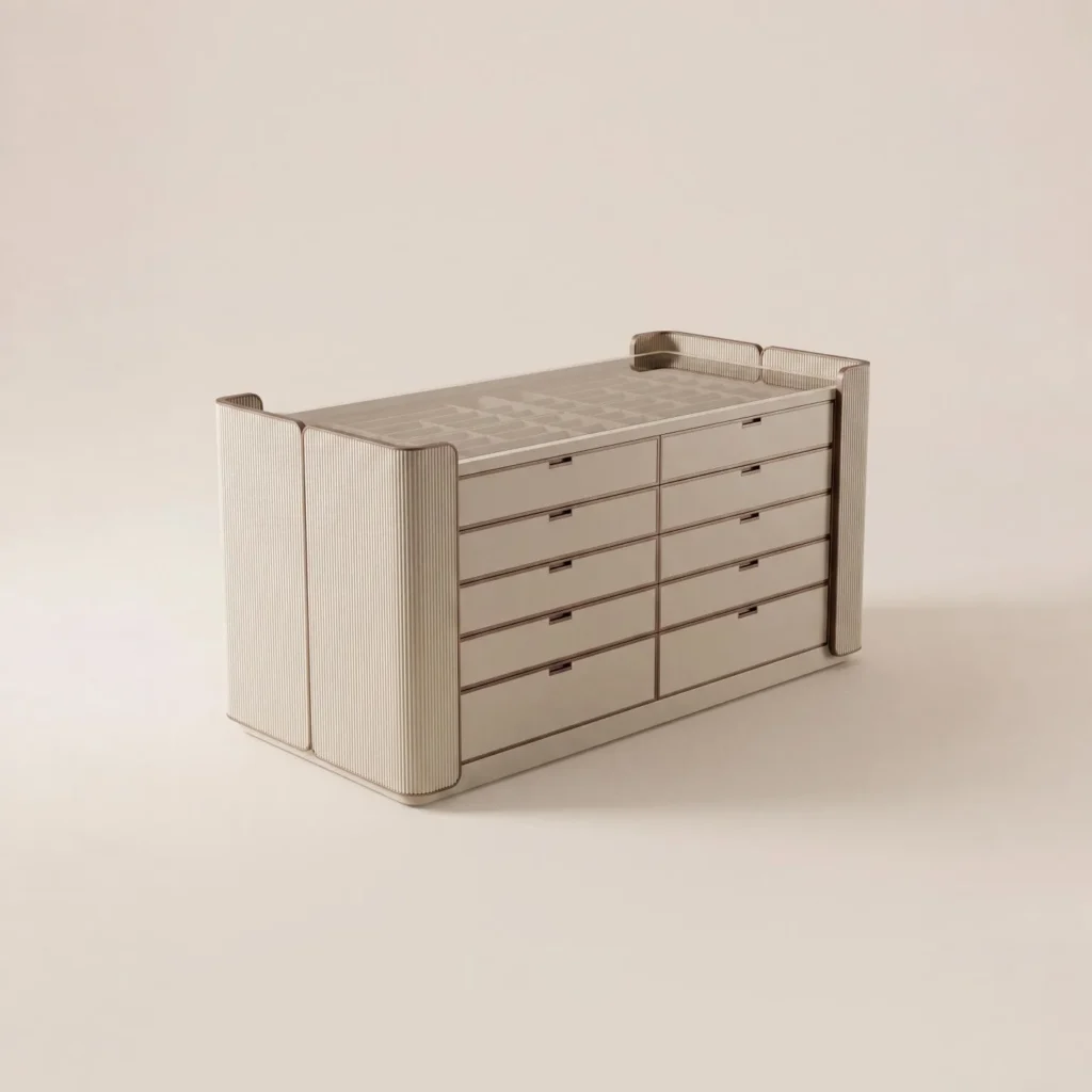 Ribbed Upholstered Ten-Drawer Vanity Chest with Glass Top in oatmeal — front view