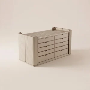 Ribbed Upholstered Ten-Drawer Vanity Chest with Glass Top in oatmeal — front view