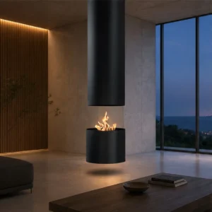 Vic Suspended Cylinder Fireplace, 32.5 cm in black — in a room setting