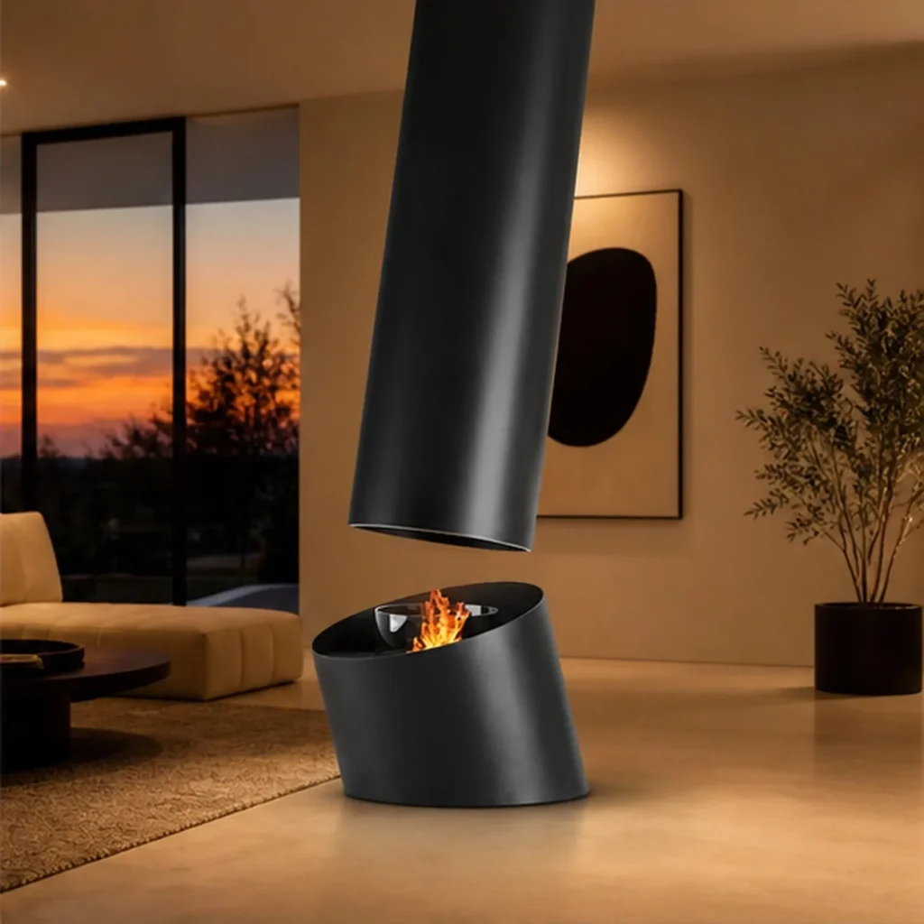 Vic Floor-Standing Tilted Cylinder Fireplace, 32.5 cm in black — front view