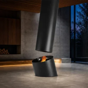 Vic Floor-Standing Tilted Cylinder Fireplace, 32.5 cm in black — in a room setting