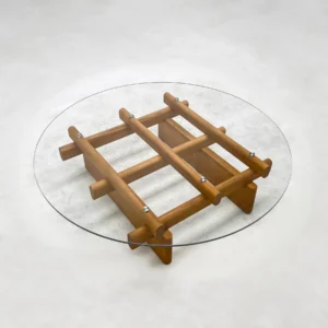 Round Tempered Glass Coffee Table on Joinery Wood Lattice in natural oak — front view