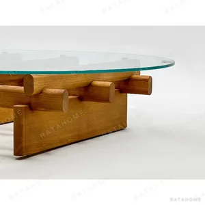 Round Tempered Glass Coffee Table on Joinery Wood Lattice in natural oak — in a room setting