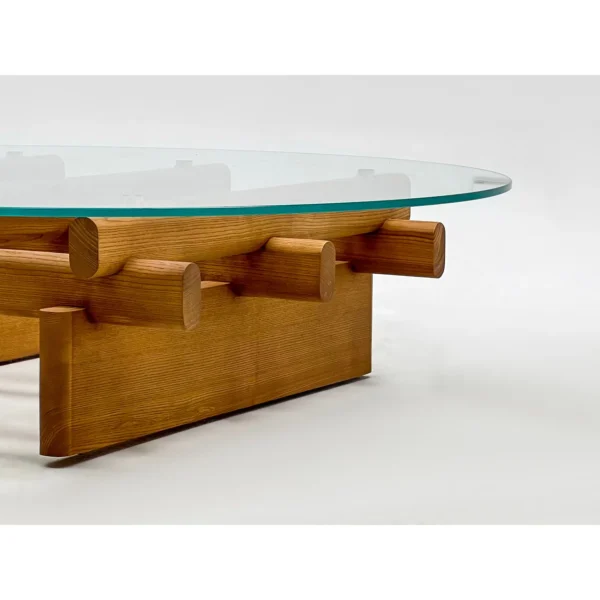 Round Tempered Glass Coffee Table on Joinery Wood Lattice in natural oak — in a room setting
