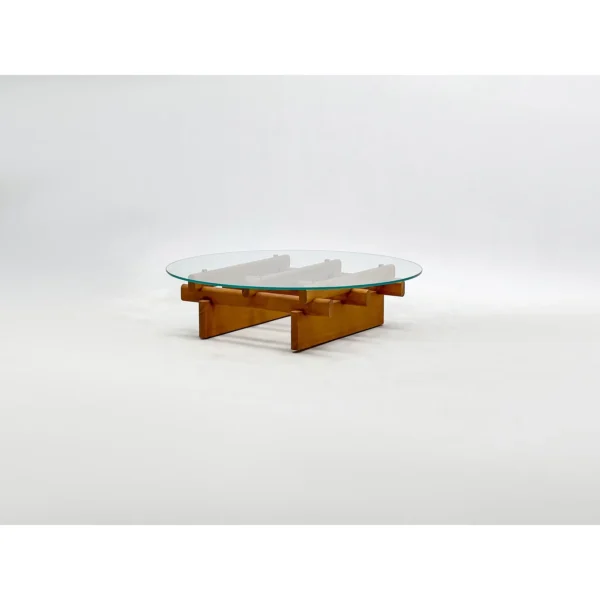 Round Tempered Glass Coffee Table on Joinery Wood Lattice in natural oak — in a room setting