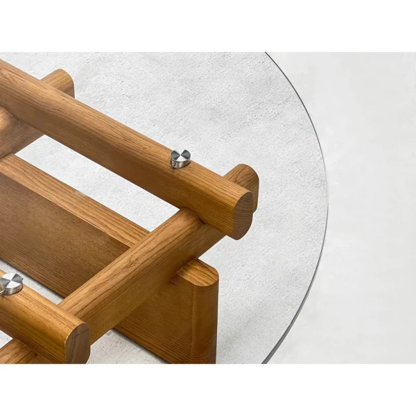 Round Tempered Glass Coffee Table on Joinery Wood Lattice in natural oak — in a room setting