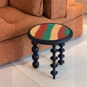 Vintage Marquetry Side Table on Black Turned Gourd Legs in black — front view