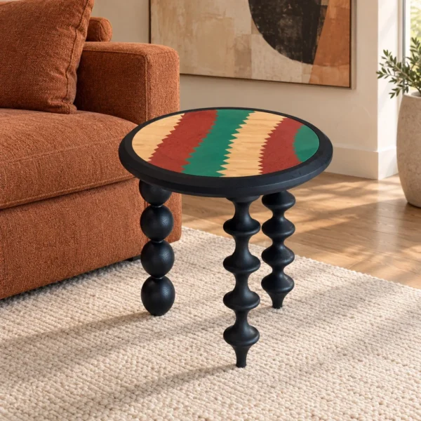 Vintage Marquetry Side Table on Black Turned Gourd Legs in black — in a room setting