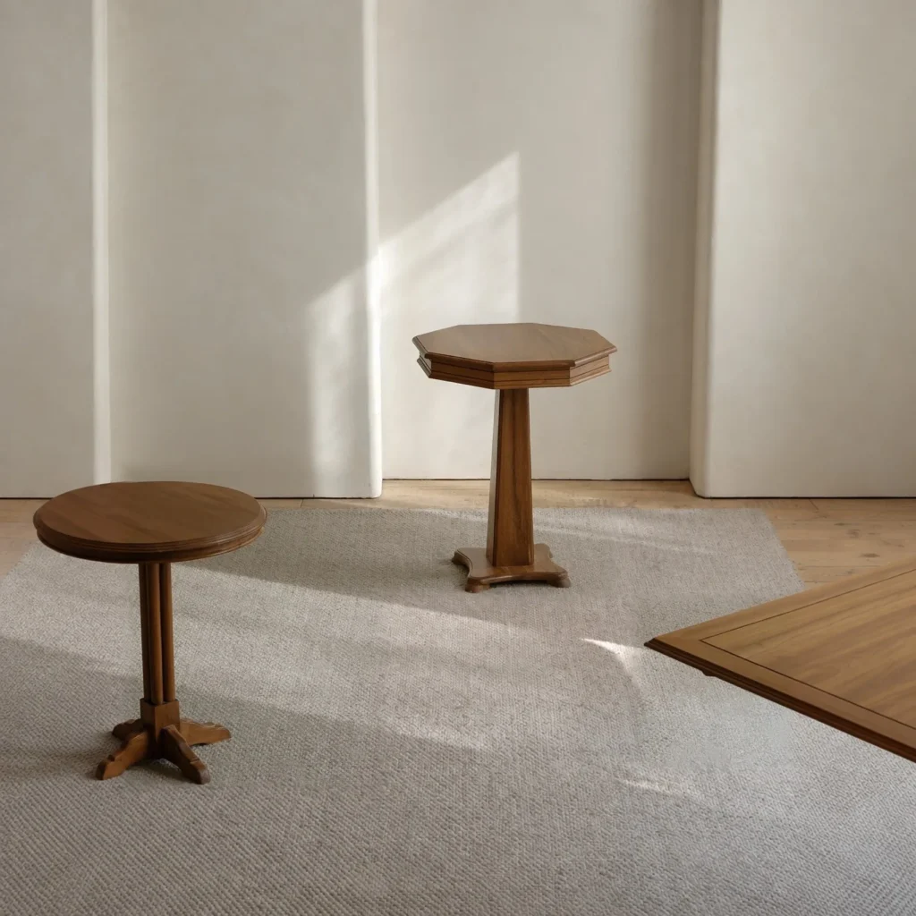 Vintage Solid Wood Pedestal Side Table Trio in walnut — front view