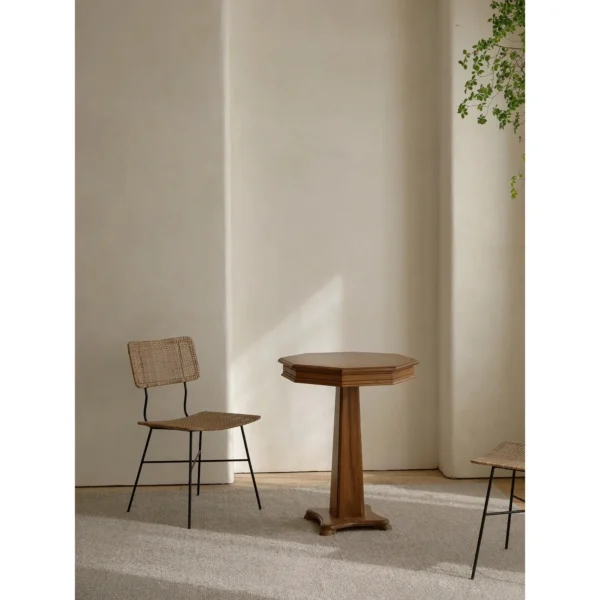 Vintage Solid Wood Pedestal Side Table Trio in walnut — in a room setting