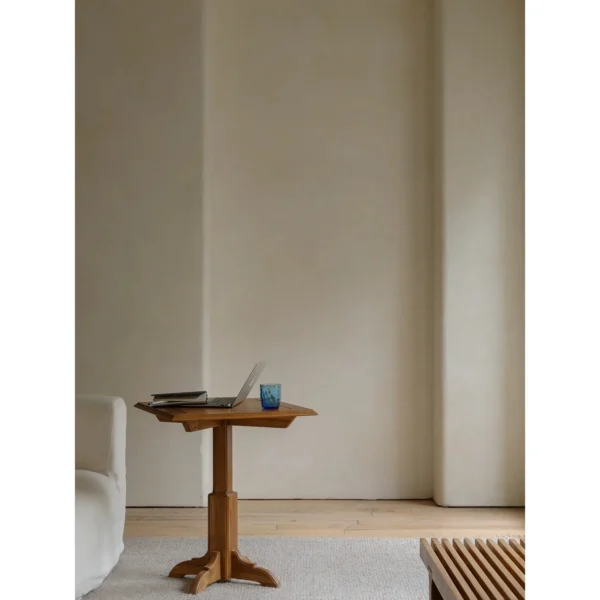 Vintage Solid Wood Pedestal Side Table Trio in walnut — in a room setting