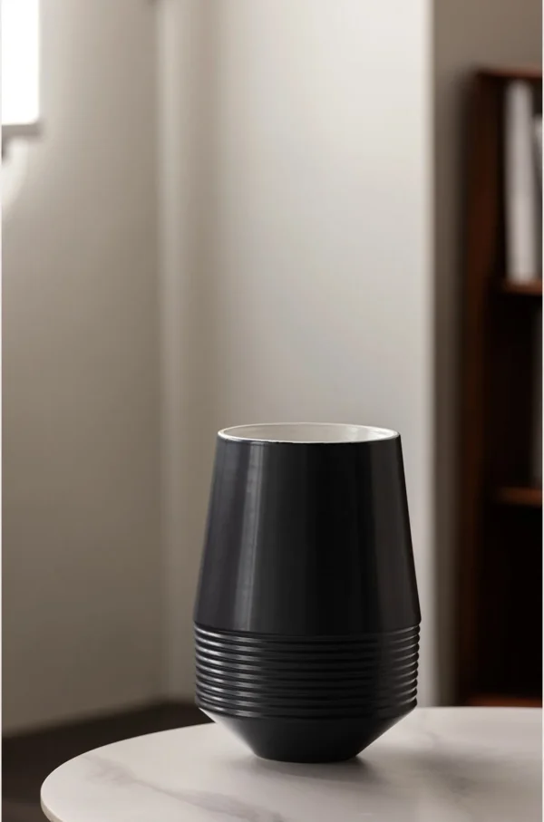 Black Ribbed Cone Ceramic Vase with White Interior in black — in a room setting