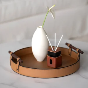 Round Tan Leather Tray in clay — front view