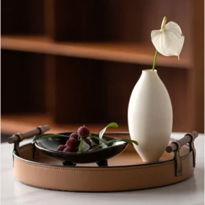 Round Tan Leather Tray in clay — in a room setting