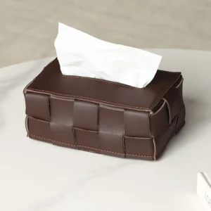 Hand-Woven Brown Leather Tissue Box in clay — front view