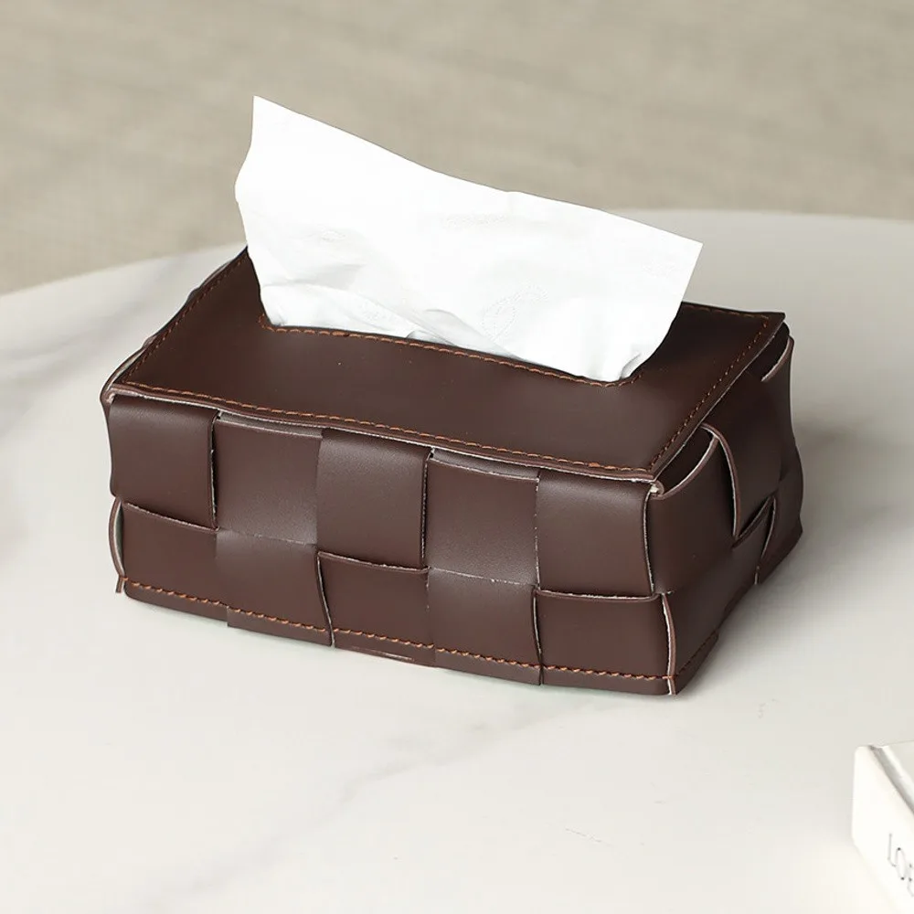 Hand-Woven Brown Leather Tissue Box in clay — front view