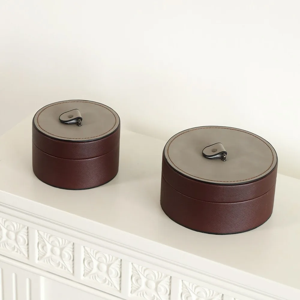 Vintage Brown Leather Round Storage Box with Grey Lid in clay — front view