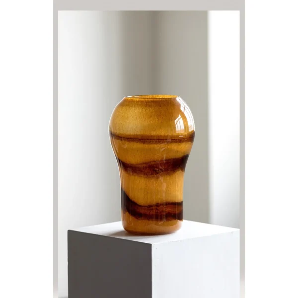 Hand-Made Brown Swirl Glass Vase, Two Patterns in clay — in a room setting