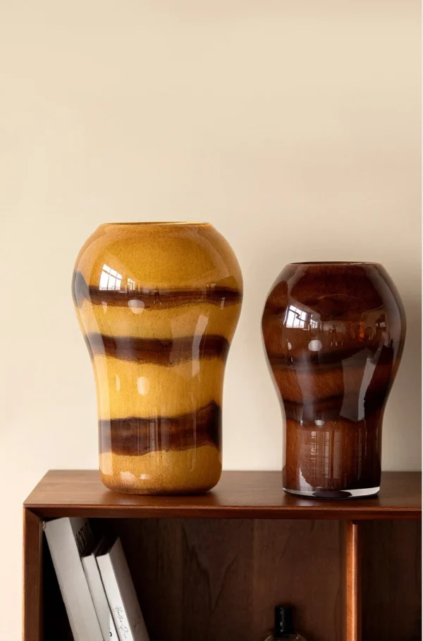 Hand-Made Brown Swirl Glass Vase, Two Patterns in clay — in a room setting