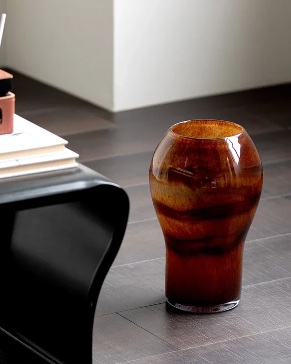 Hand-Made Brown Swirl Glass Vase, Two Patterns in clay — in a room setting