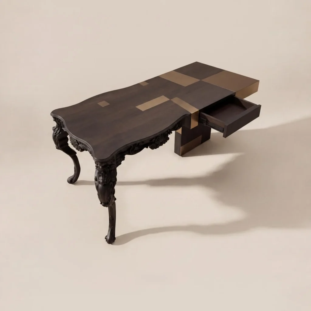 Carved Cabriole Desk-Vanity with Brass Marquetry Top in black — front view