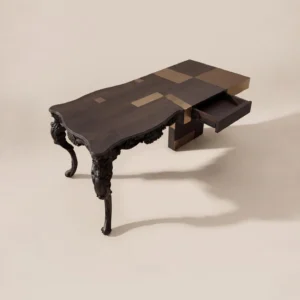 Carved Cabriole Desk-Vanity with Brass Marquetry Top in black — front view