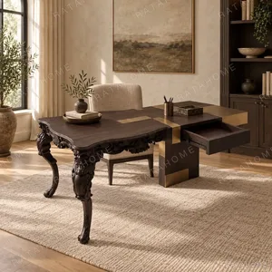 Carved Cabriole Desk-Vanity with Brass Marquetry Top in black — in a room setting