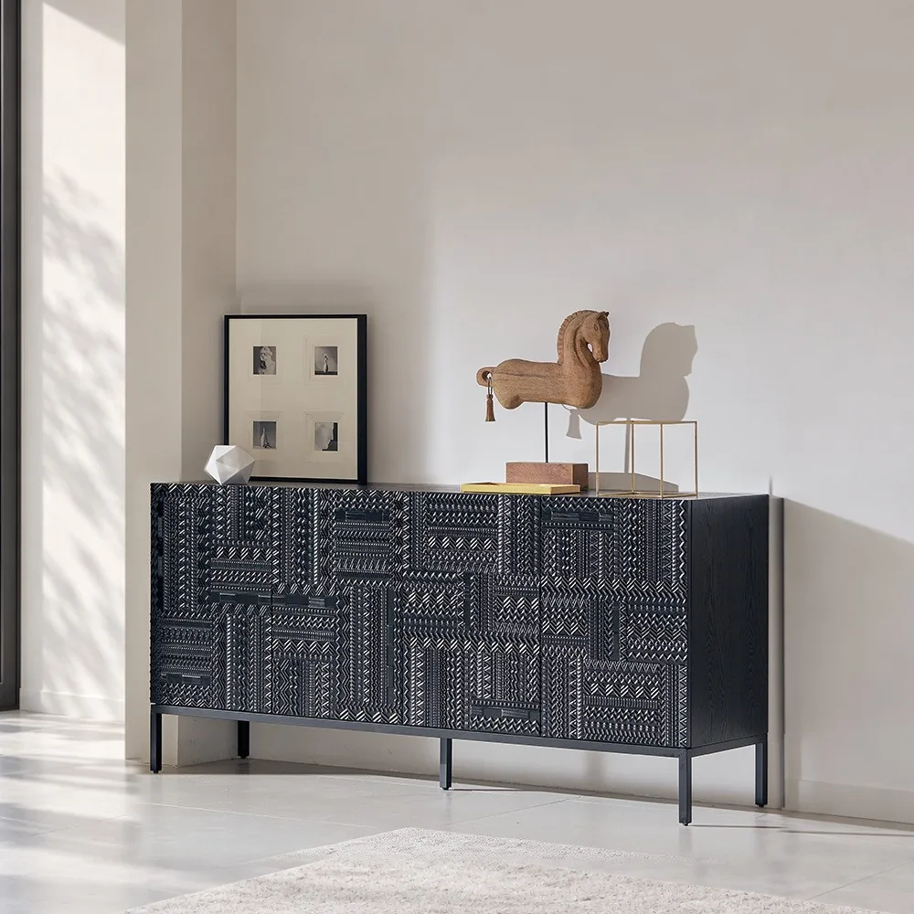 Carved Geometric Sideboard in Black on Steel Base — front view