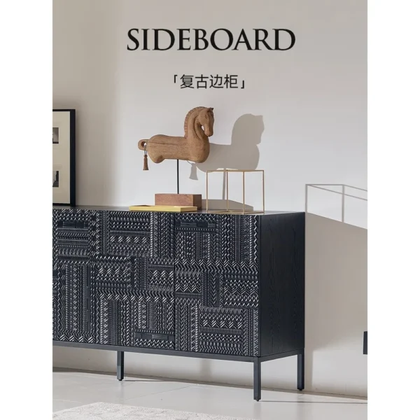 Carved Geometric Sideboard in Black on Steel Base — in a room setting