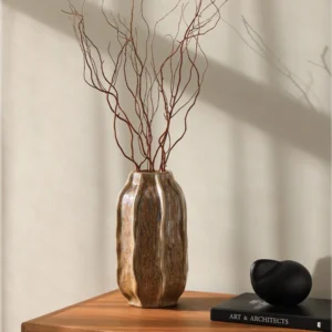 Vintage Ribbed Ceramic Vase in clay — front view