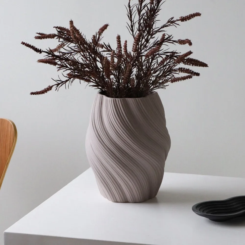 Matte Twisted Rib Ceramic Vase, Three Sizes in sand — front view