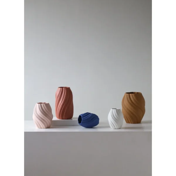 Matte Twisted Rib Ceramic Vase, Three Sizes in sand — in a room setting