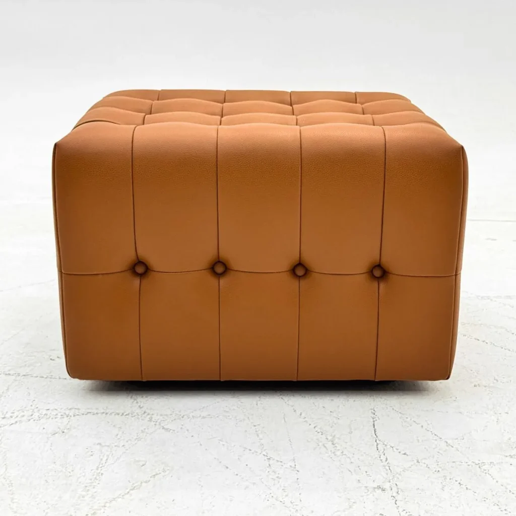 Caramel Leather Tufted Square Pouf on Wood Base — front view